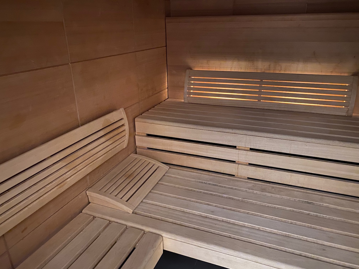 a wooden bench in a sauna