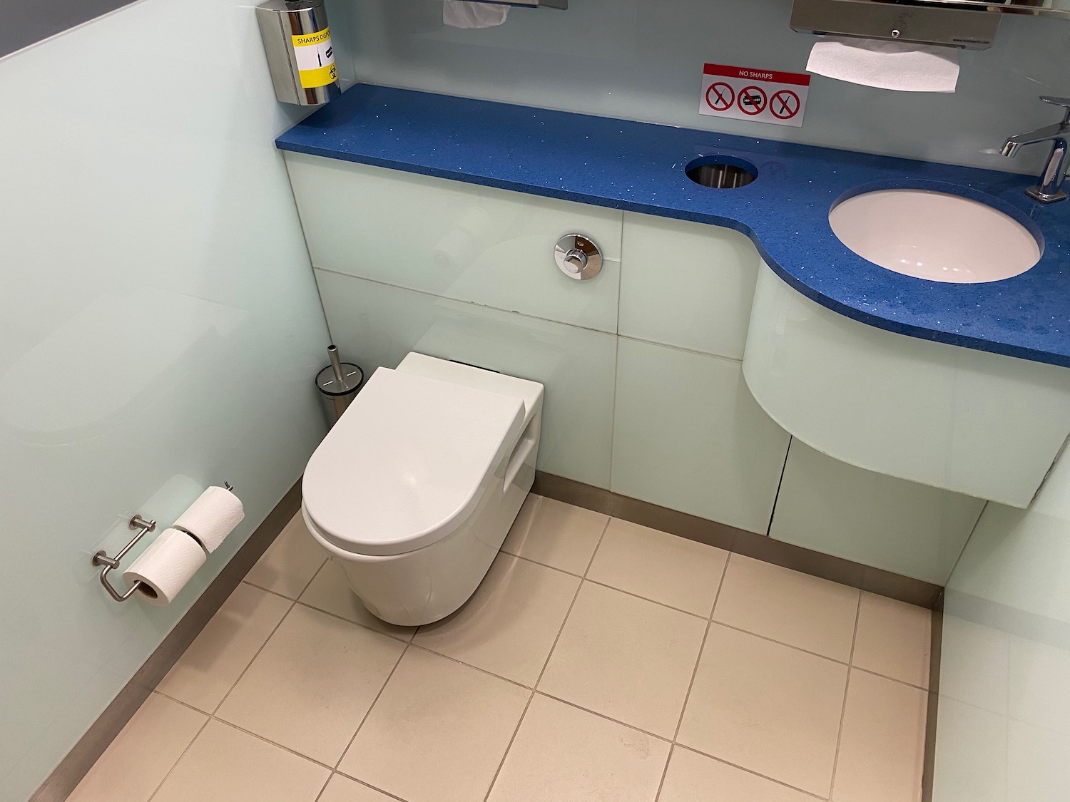 a bathroom with a blue countertop and toilet