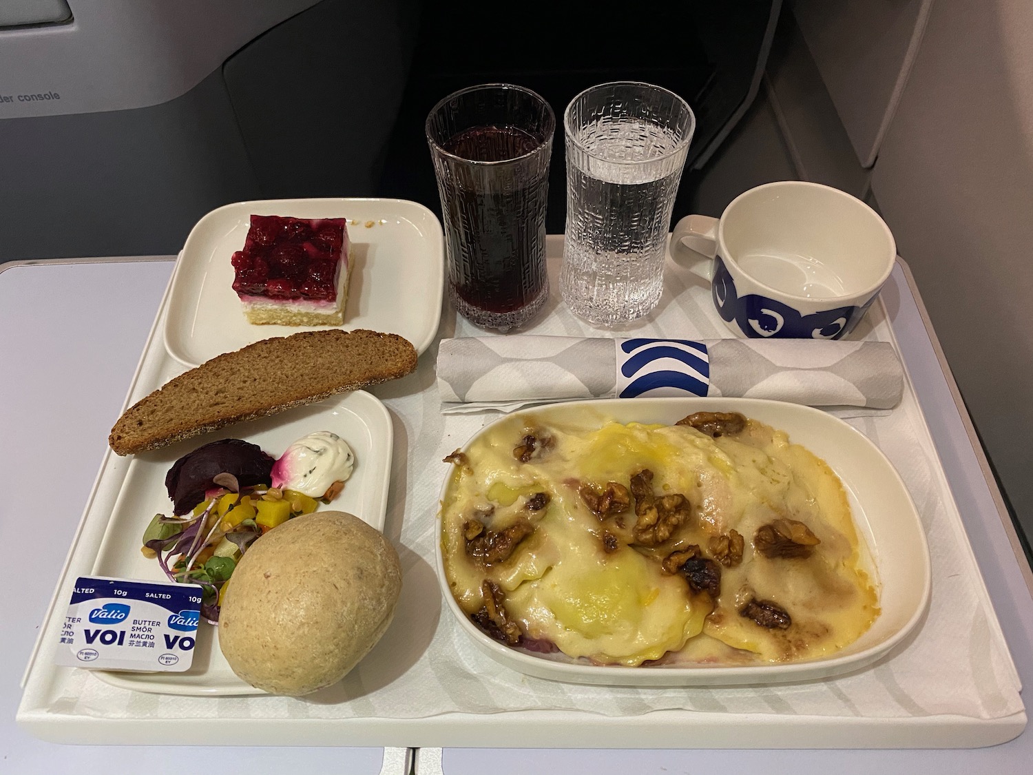 a tray with food and drinks on it