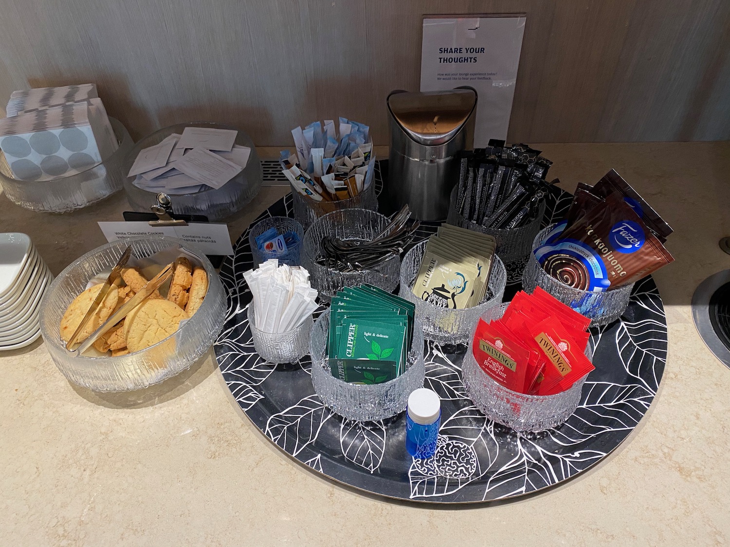 a tray of food and condiments