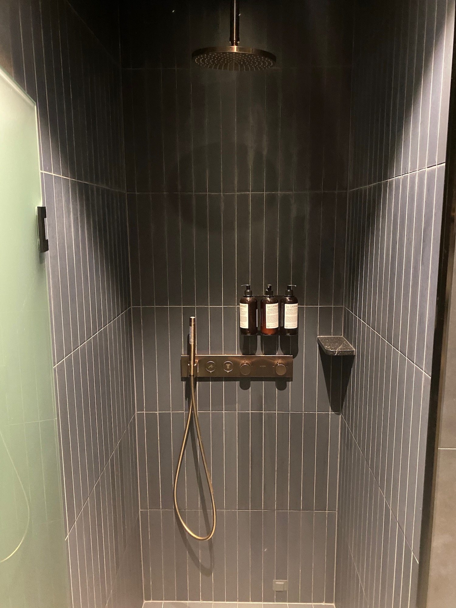a shower with a shower head and a hose