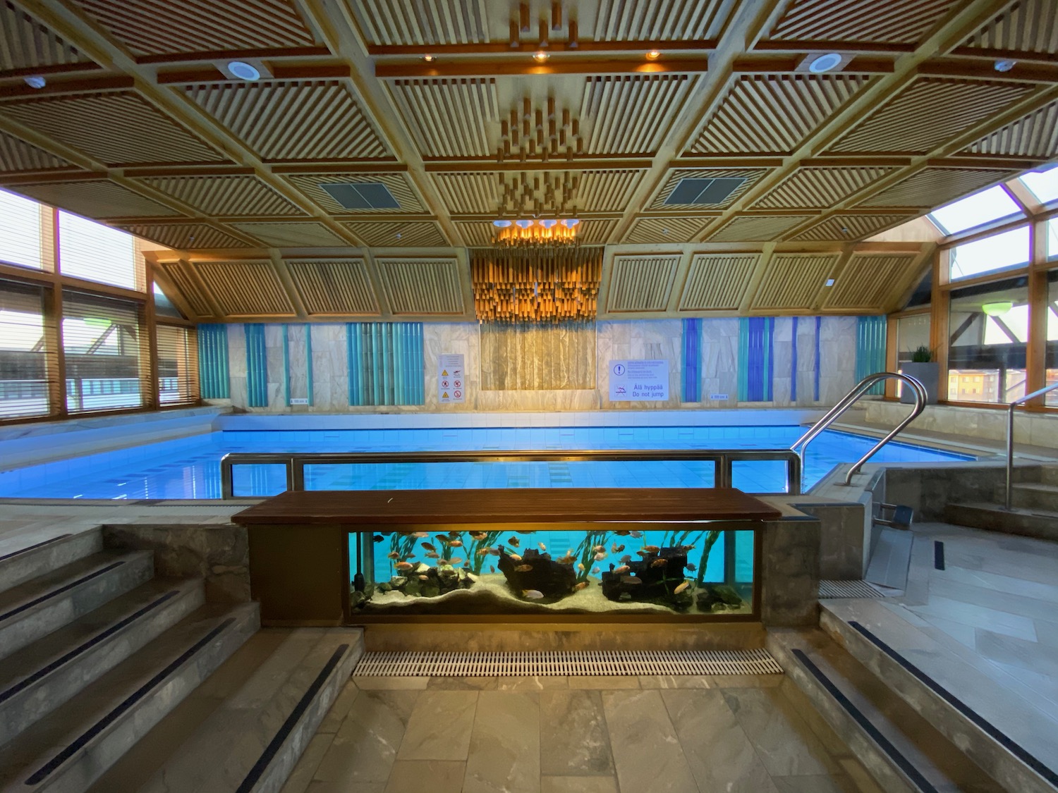 a swimming pool with fish tank