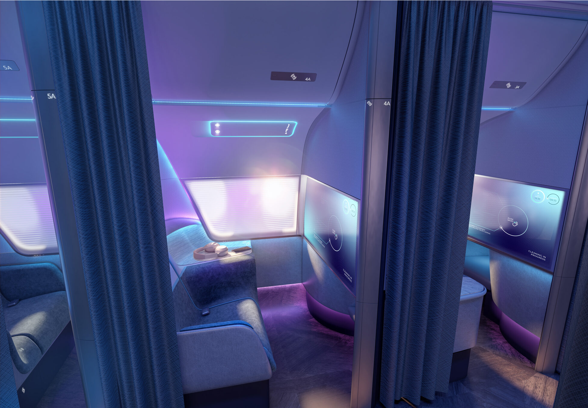 a interior of a plane with blue curtains