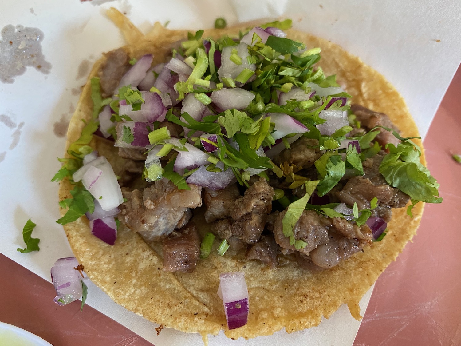 a taco with meat and onions