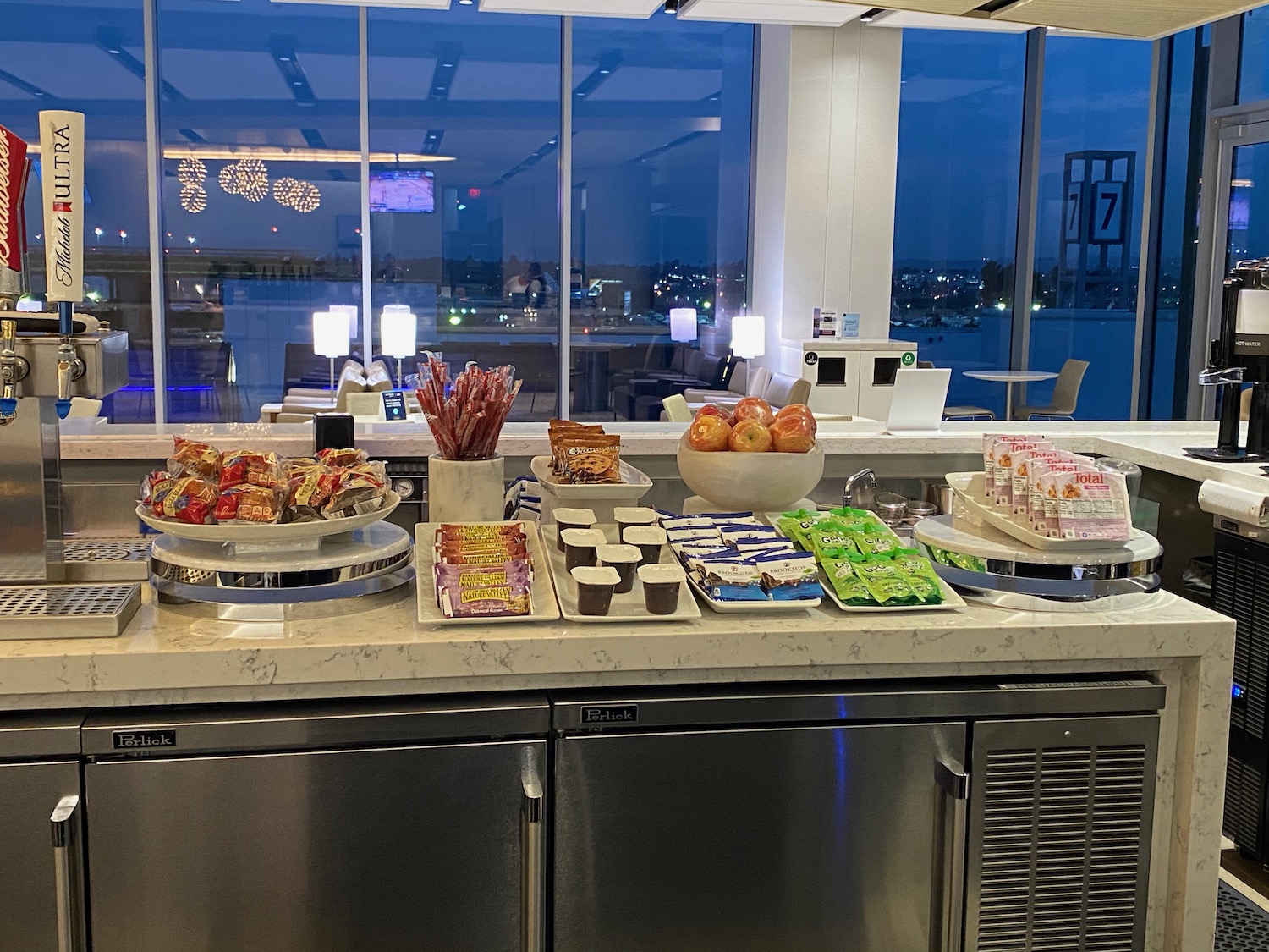 a buffet table with food on it