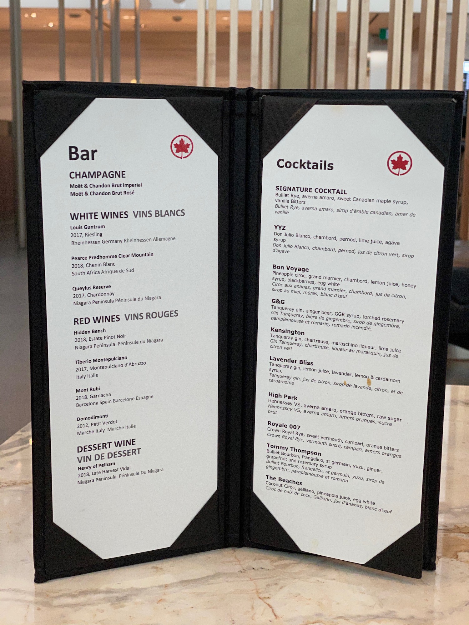 a menu with black and white text