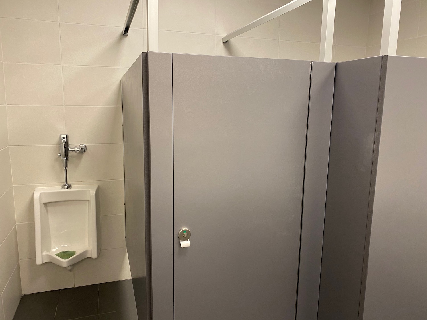 a grey door in a bathroom