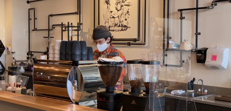 a person behind a counter with coffee beans