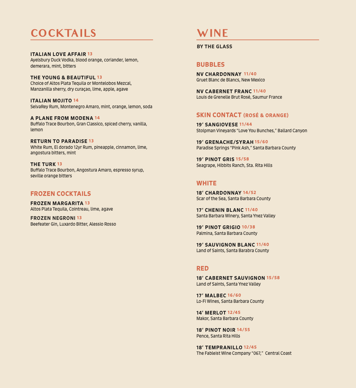 a menu with red text