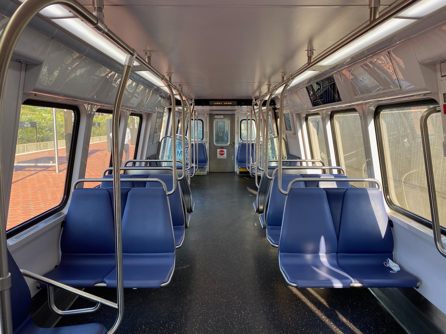 a blue seats on a train