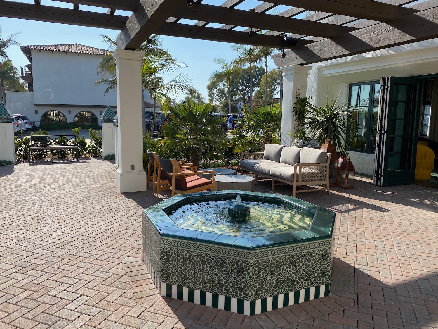 a fountain on a patio