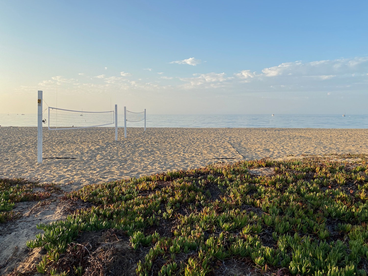 a beach with a volleyball net and grass