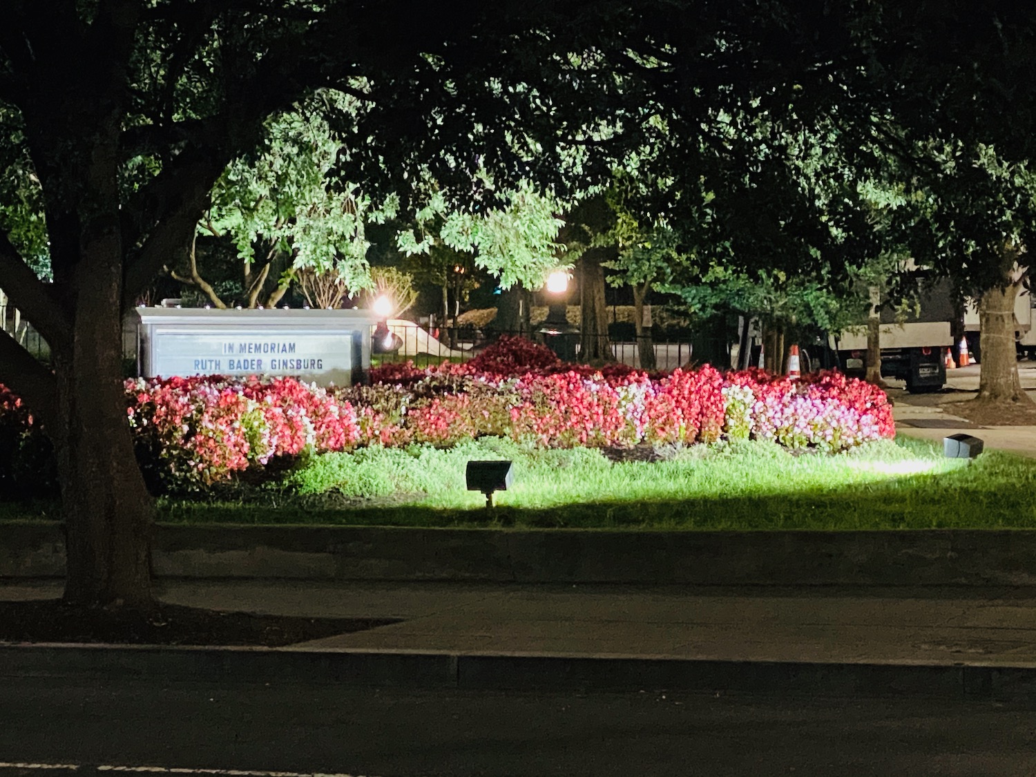 a flower bed with flowers in front of a sign