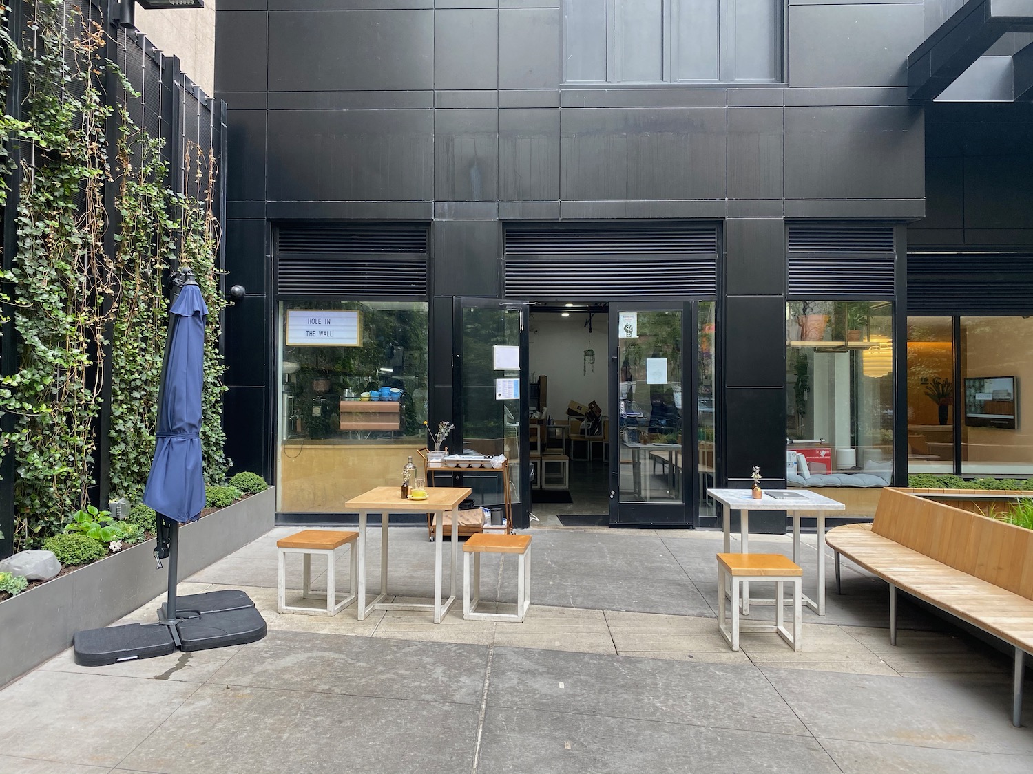 a building with tables and chairs