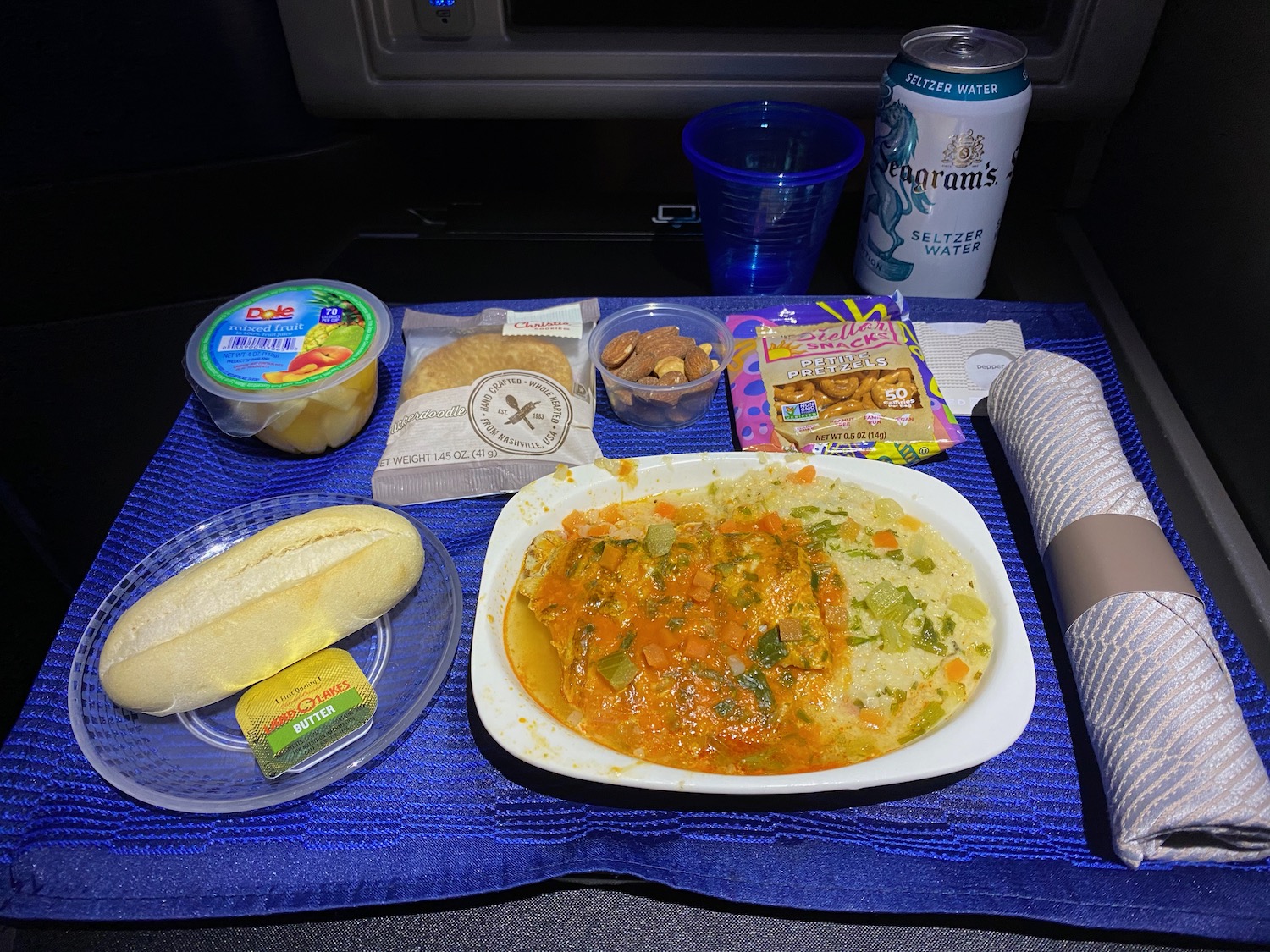 food on a blue mat