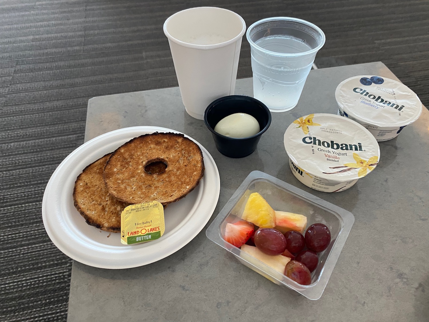 a plate of food and cups of water