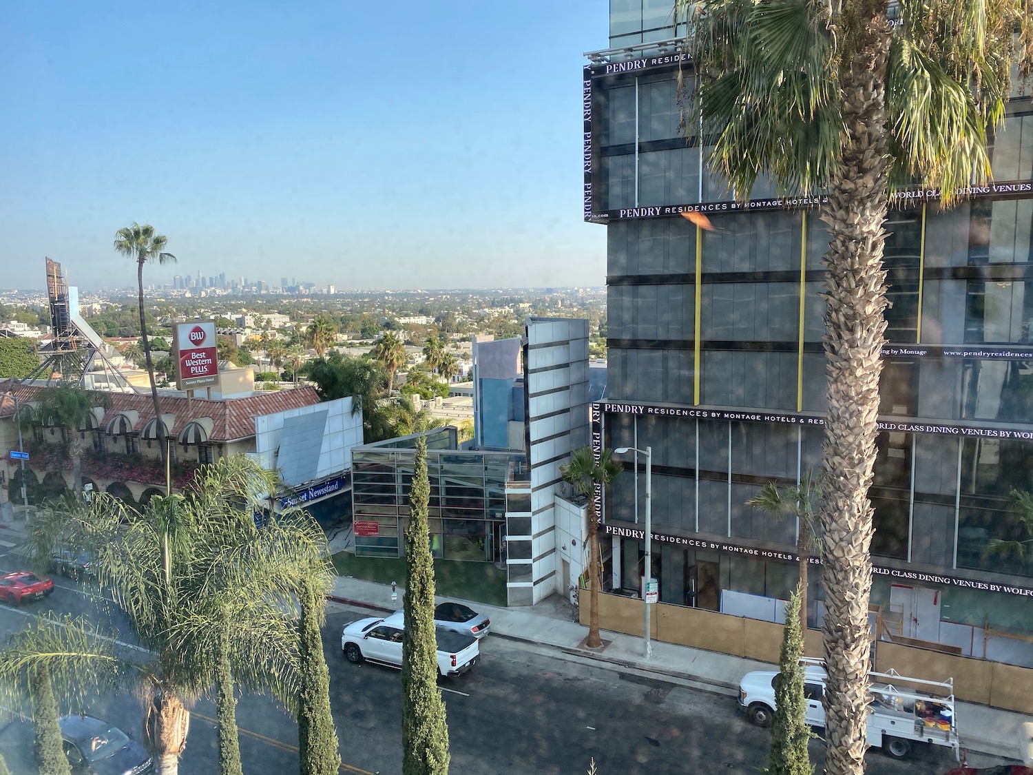 a city with palm trees and a building