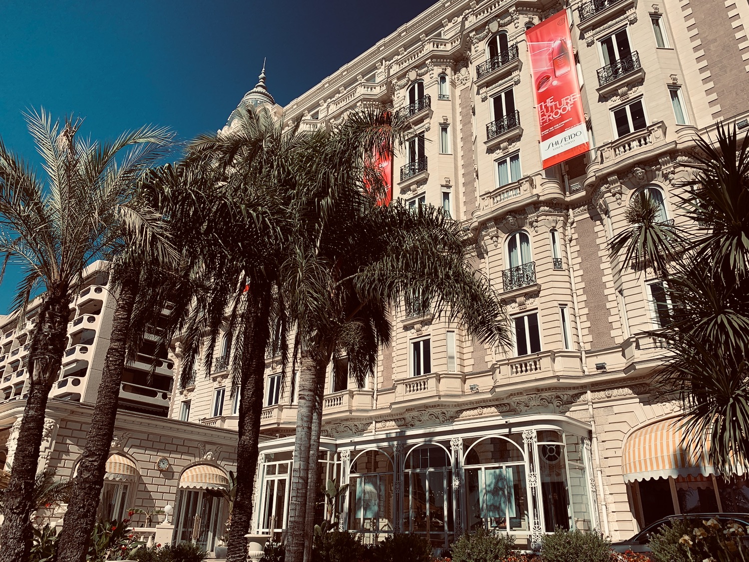 a building with palm trees