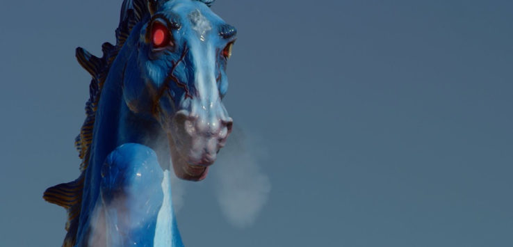 a blue horse with red eyes