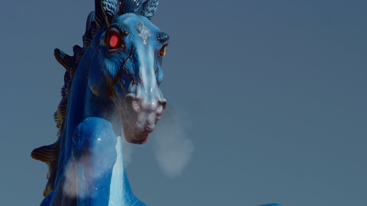 a blue horse with red eyes