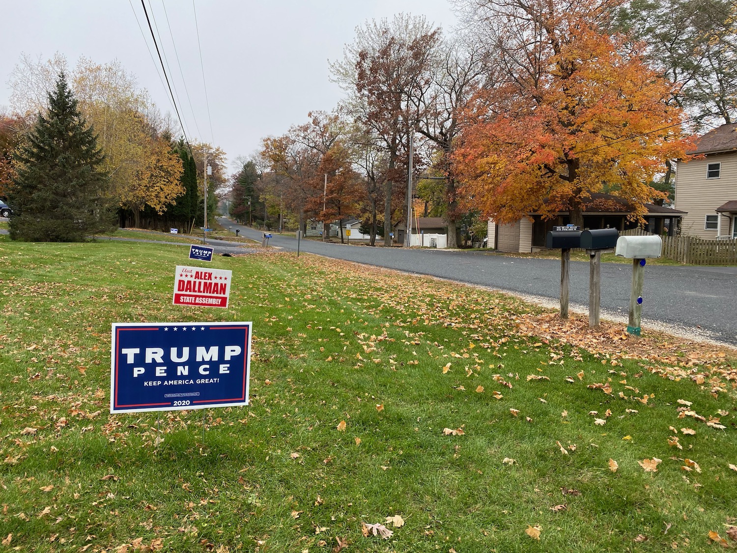 a lawn with signs and trees