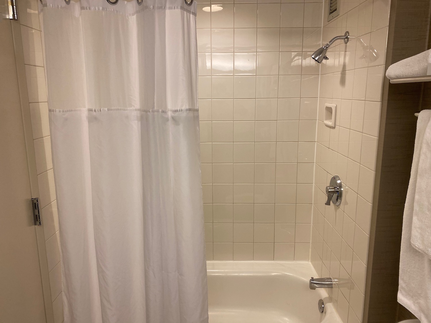 a shower curtain and bathtub