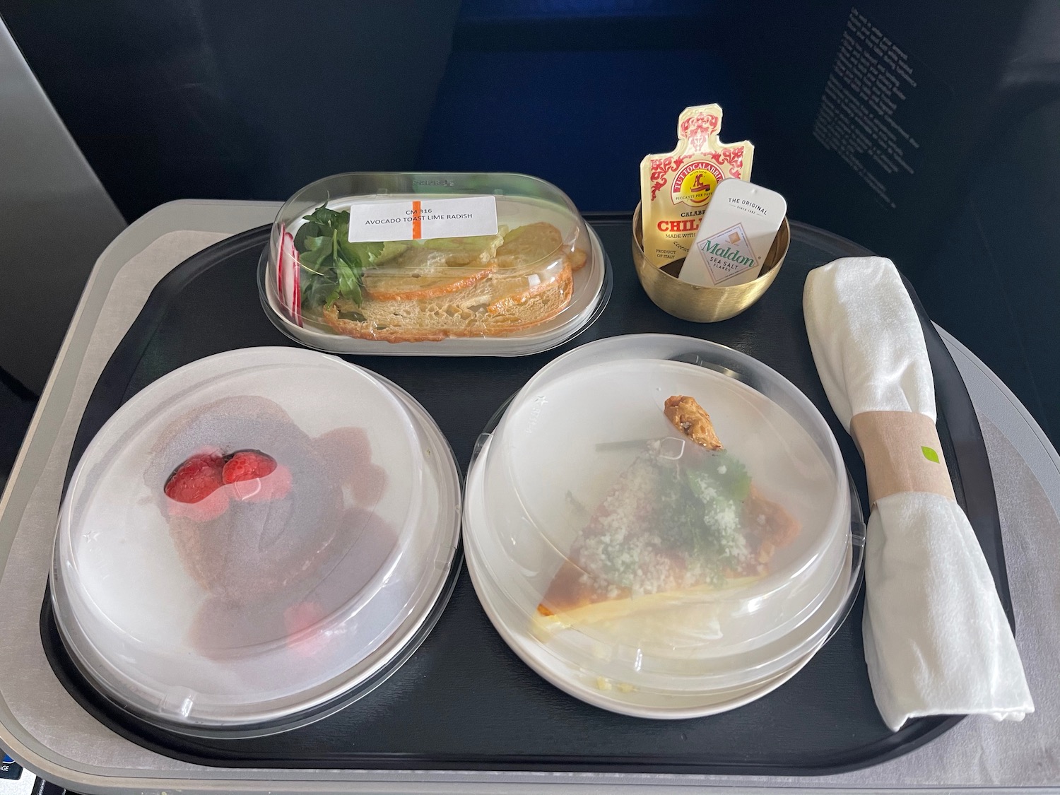 a tray of food on a plane