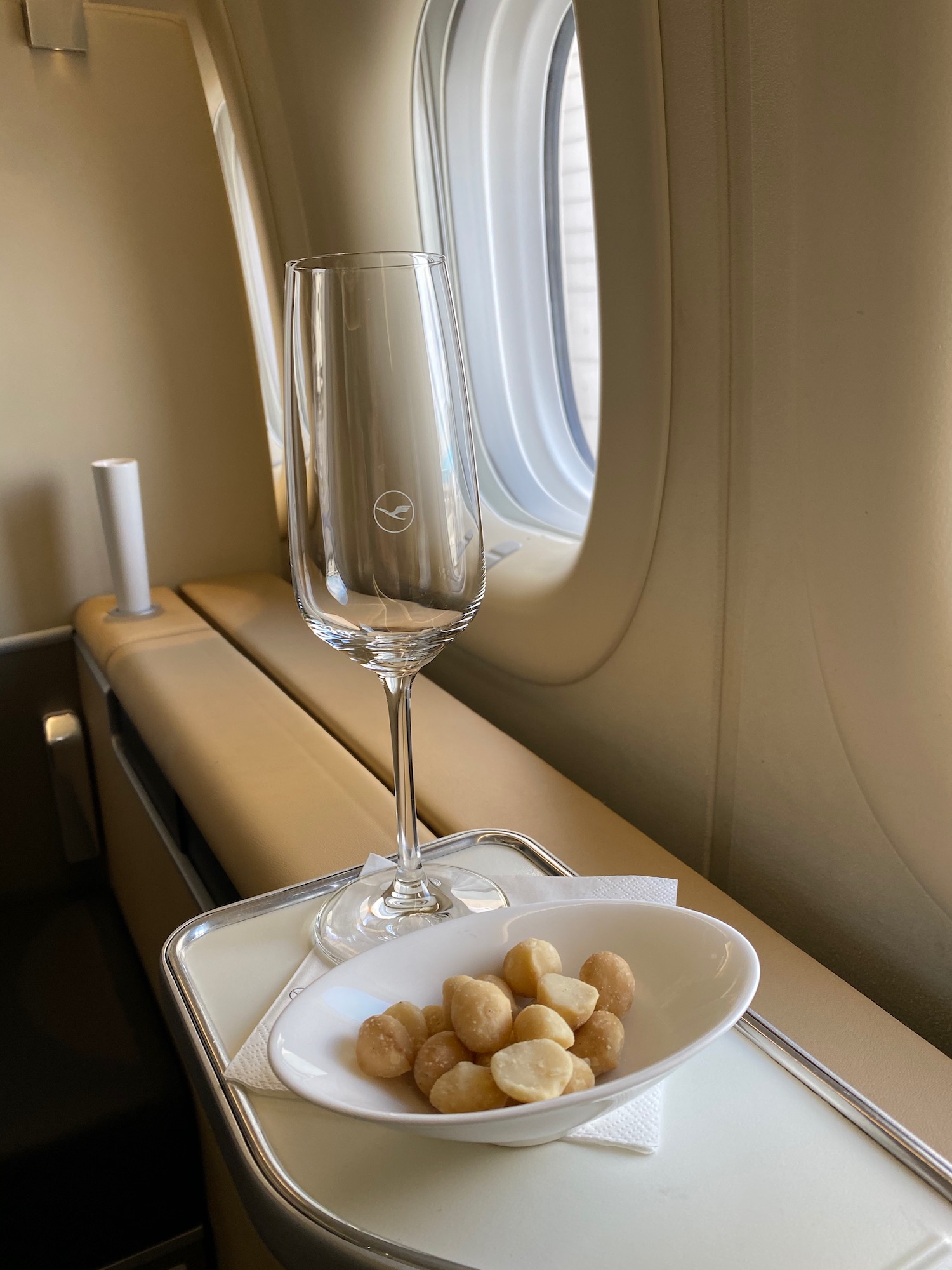 a plate of food and a wine glass on a tray on a plane