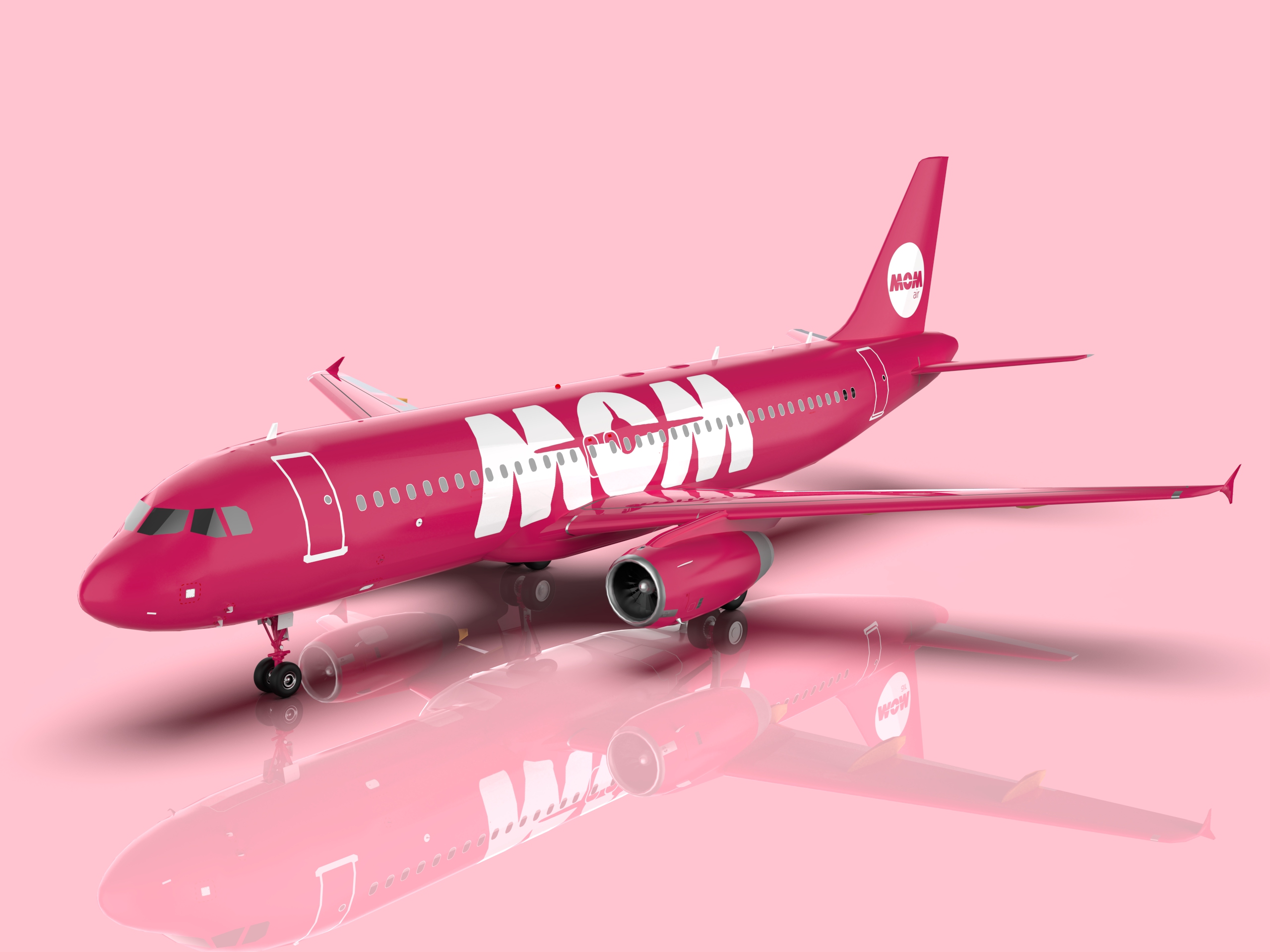 a pink airplane with white text on it