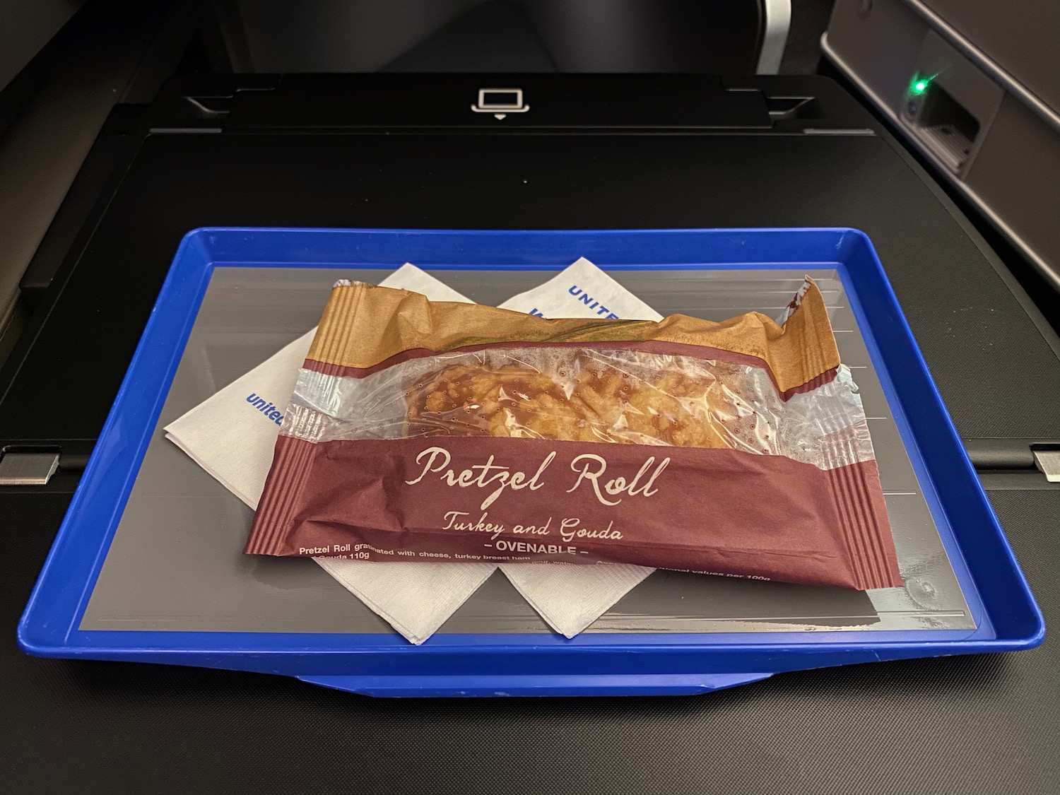 a blue tray with food on it