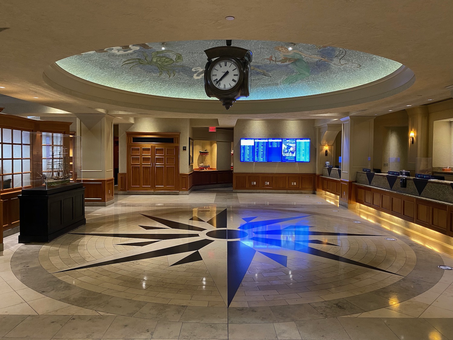 a large room with a clock