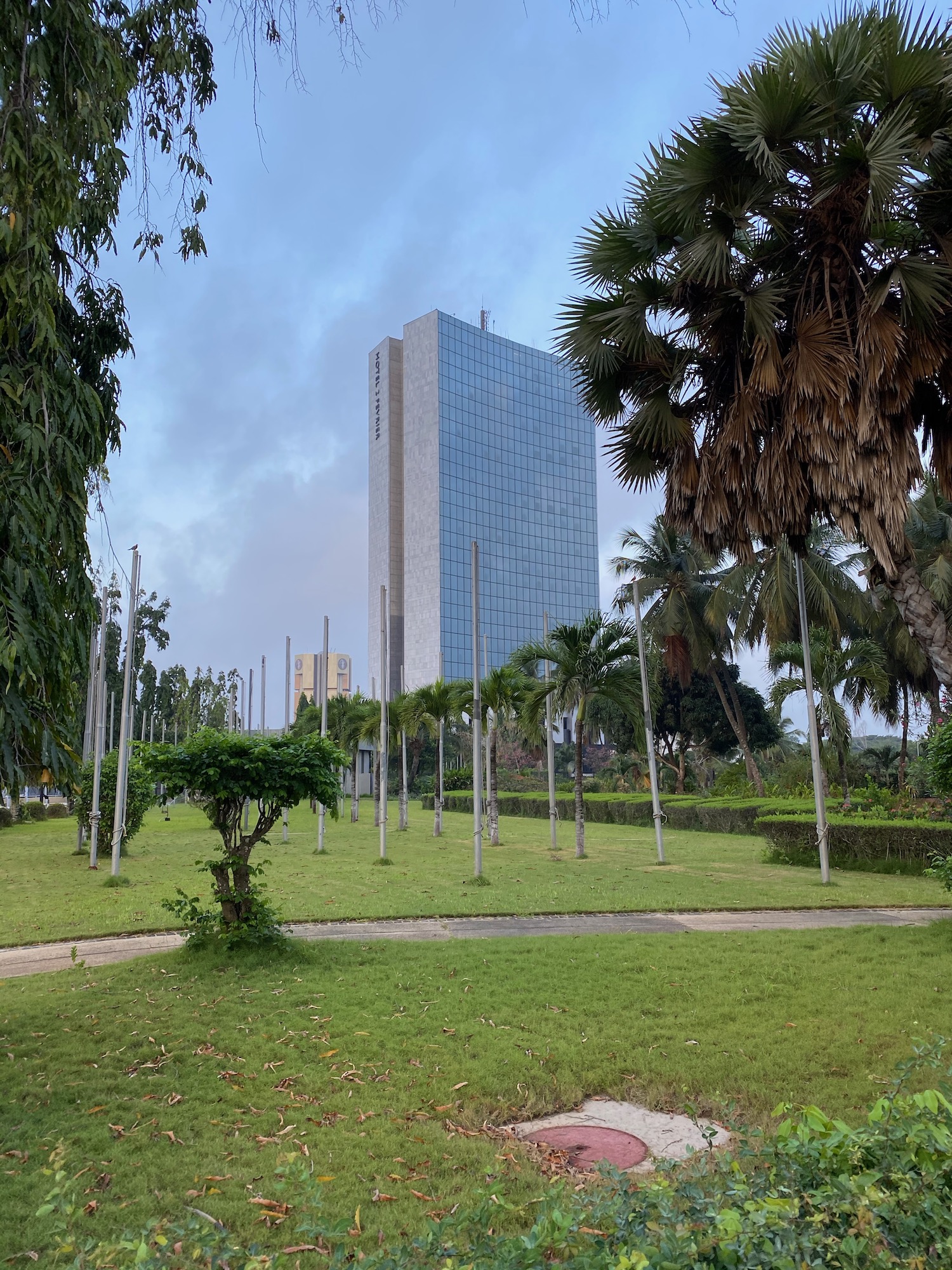 a tall building in a park