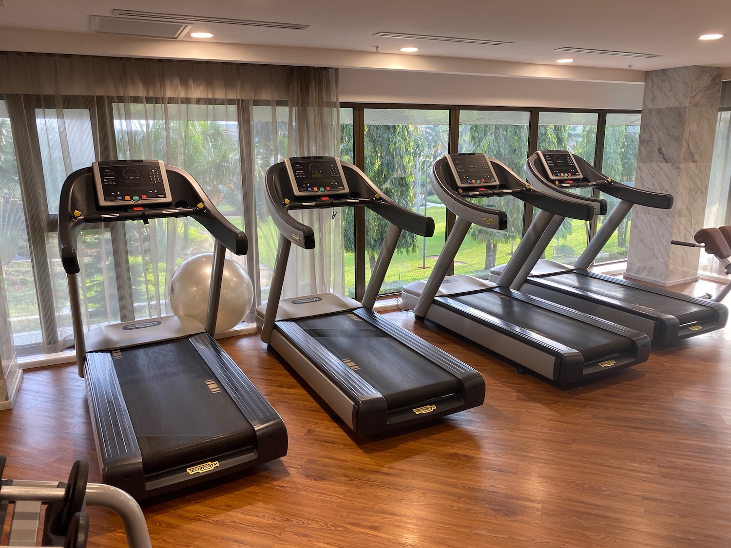 a group of treadmills in a room