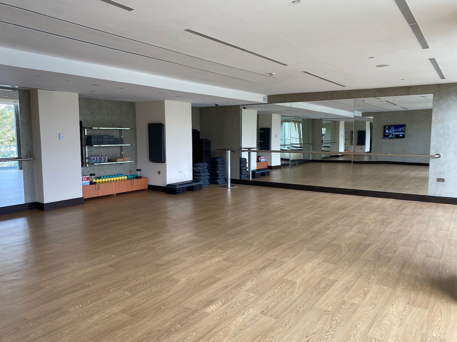 a large room with mirrors and a wood floor