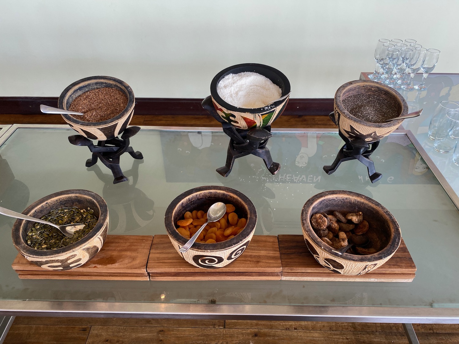 a group of bowls of food on a table