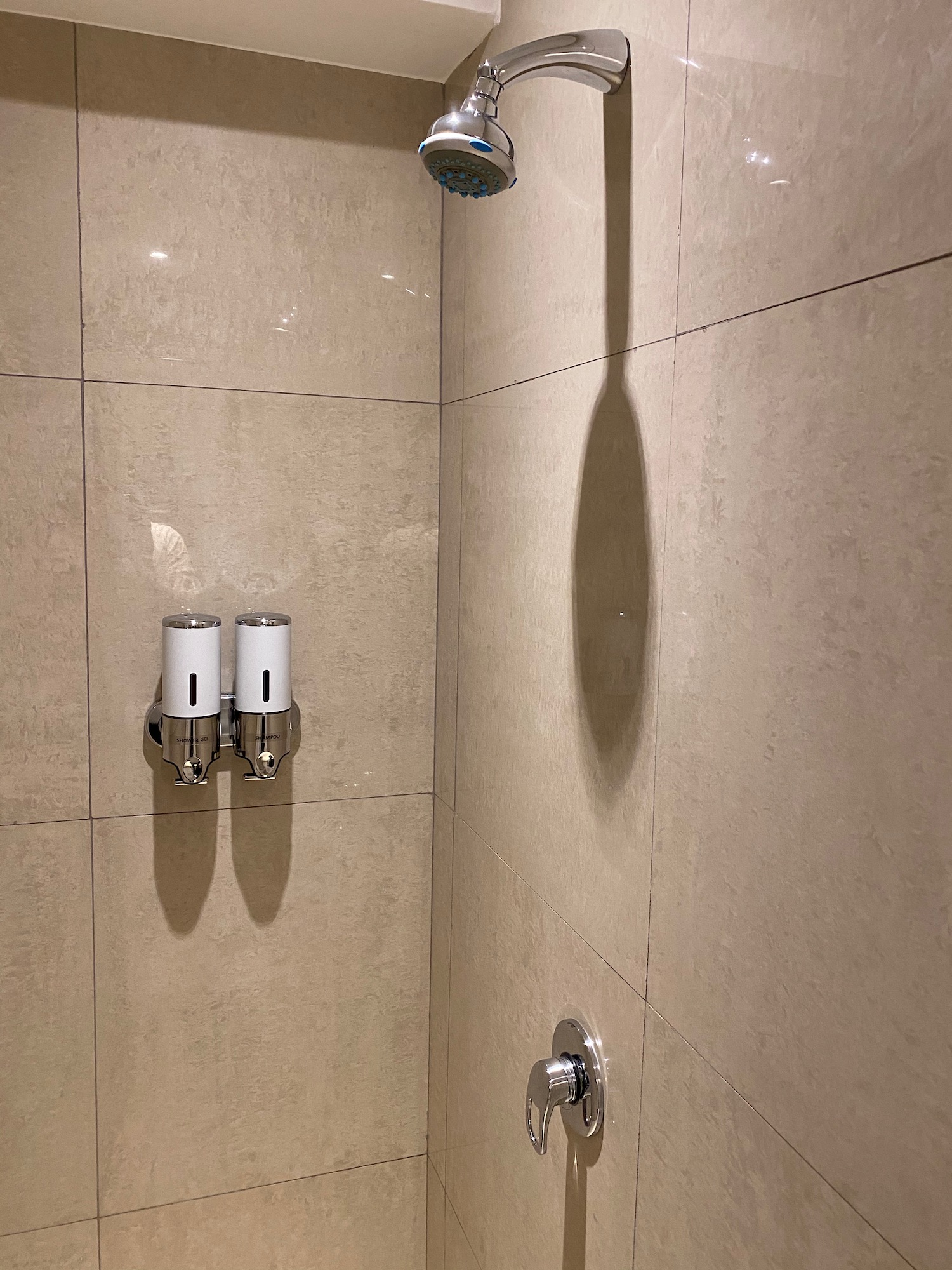 a shower head with soap dispensers and two soap dispensers