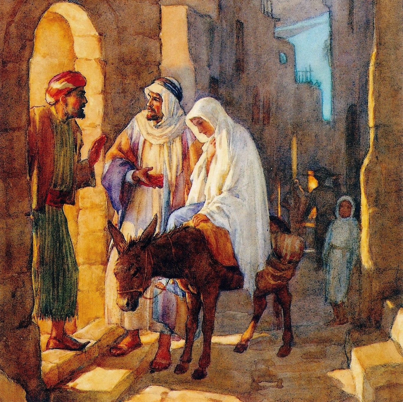 a painting of a man and woman talking to a donkey