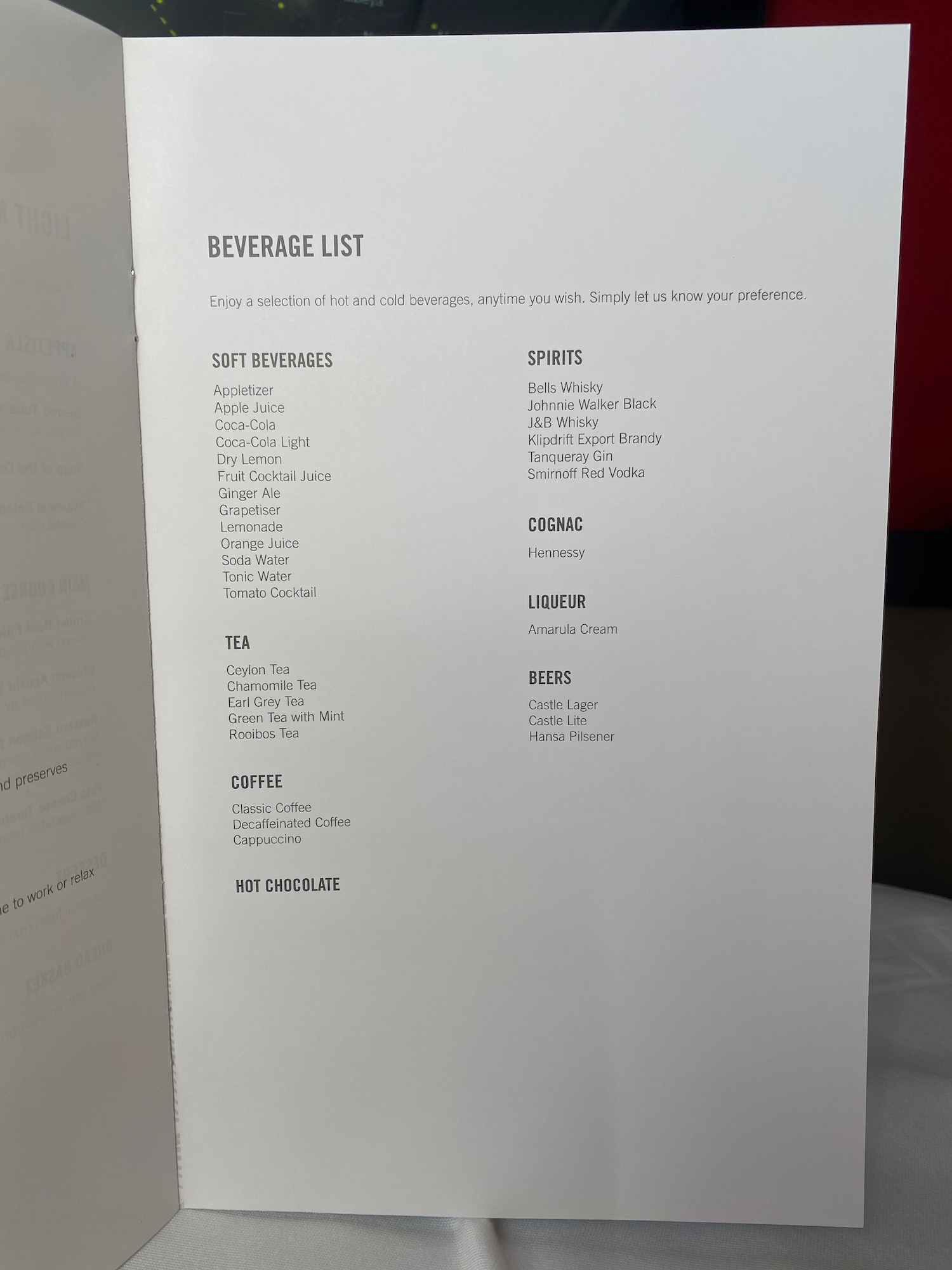 a menu with black text