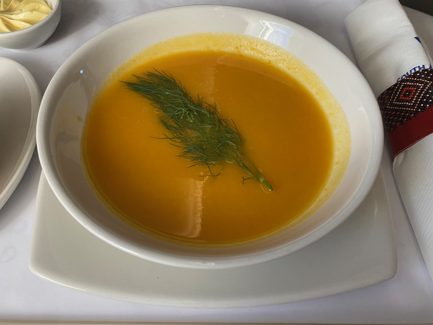 a bowl of soup with a sprig of dill
