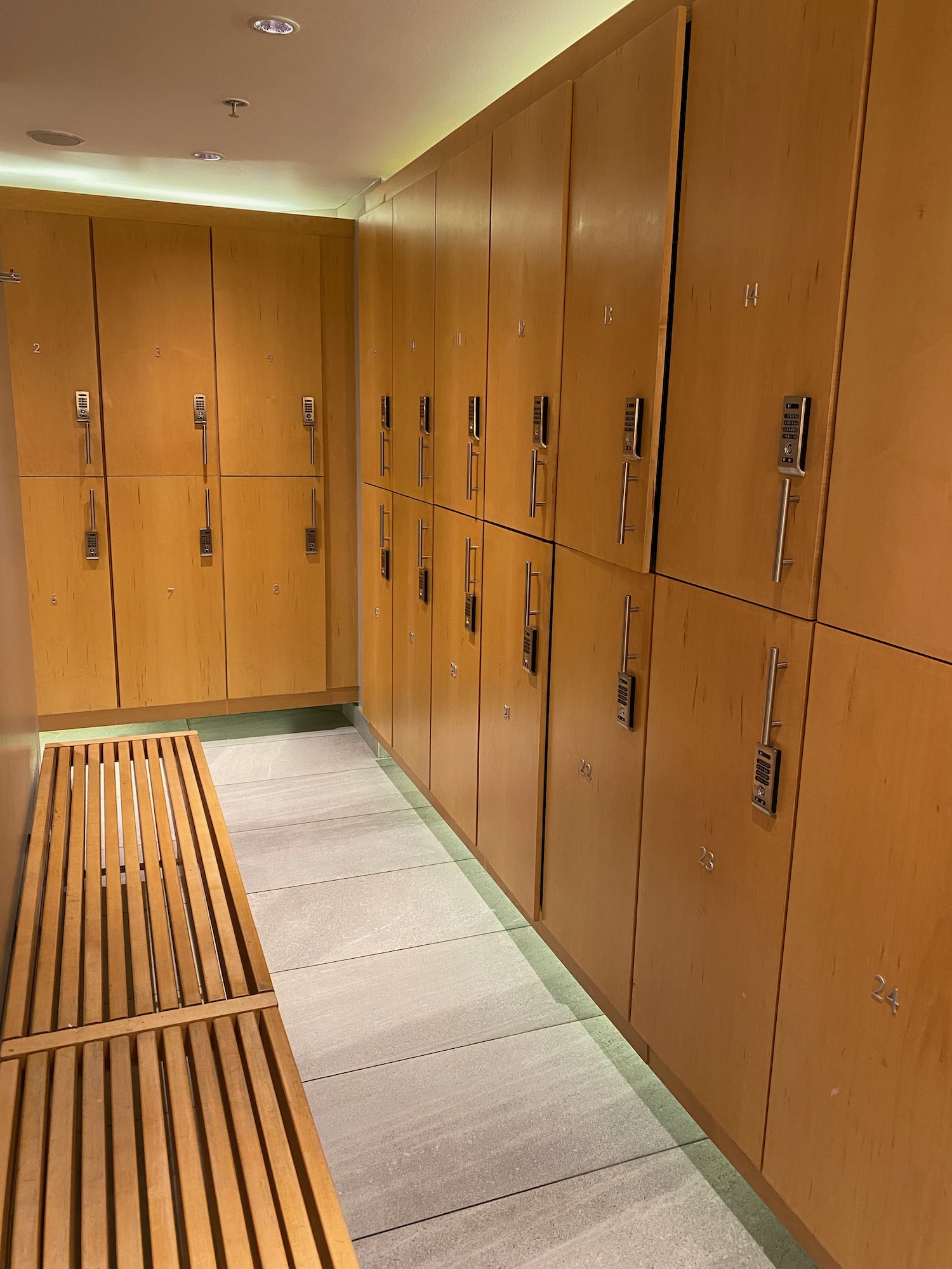 a locker room with a bench