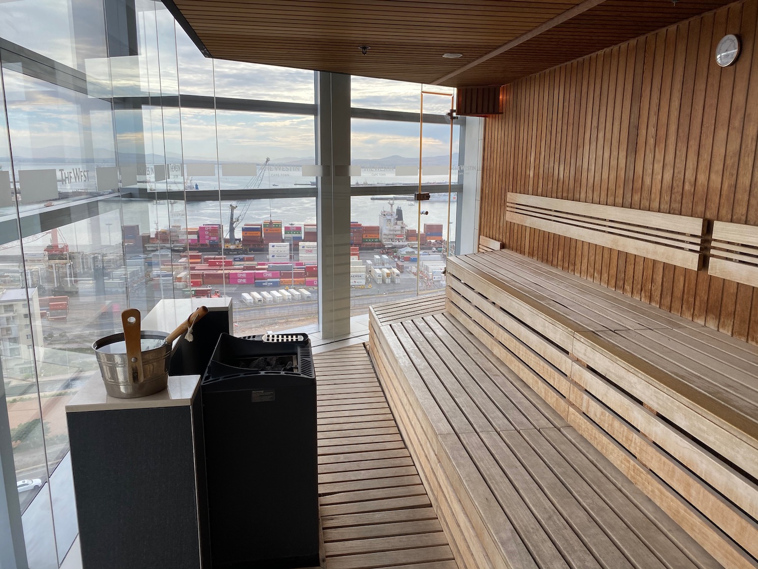 a sauna with a view of a city