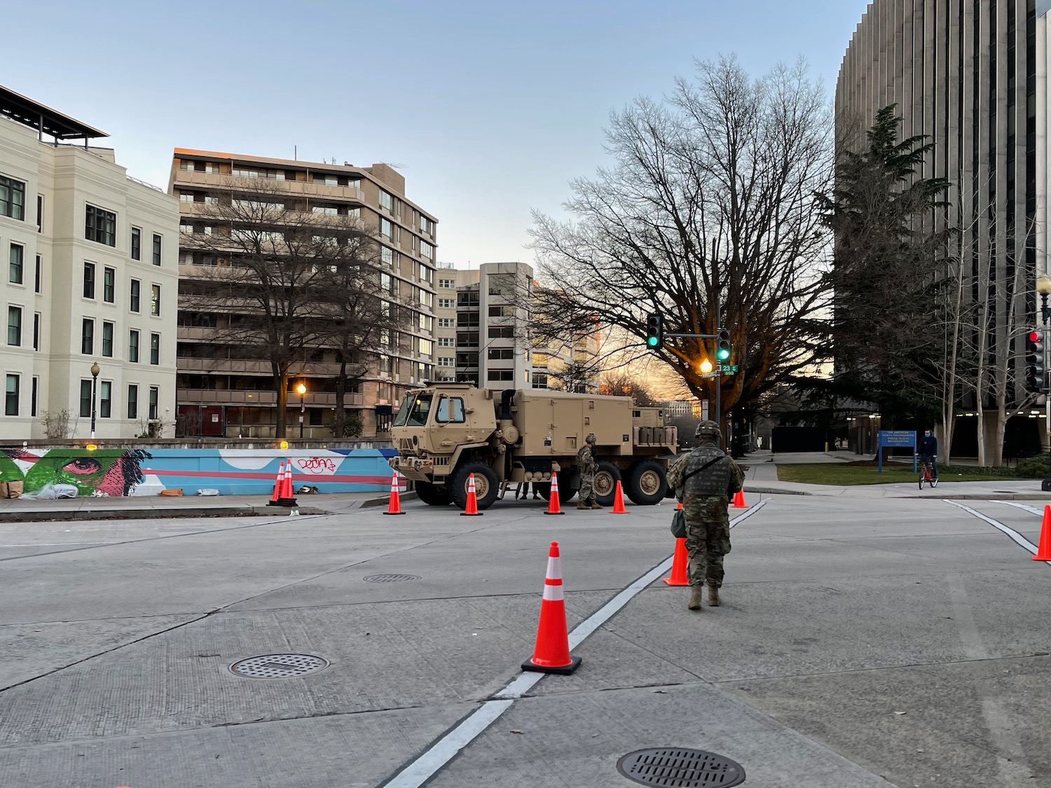 a military vehicle in a city