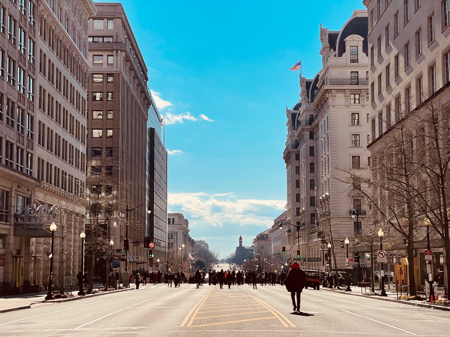 a street with people walking on it