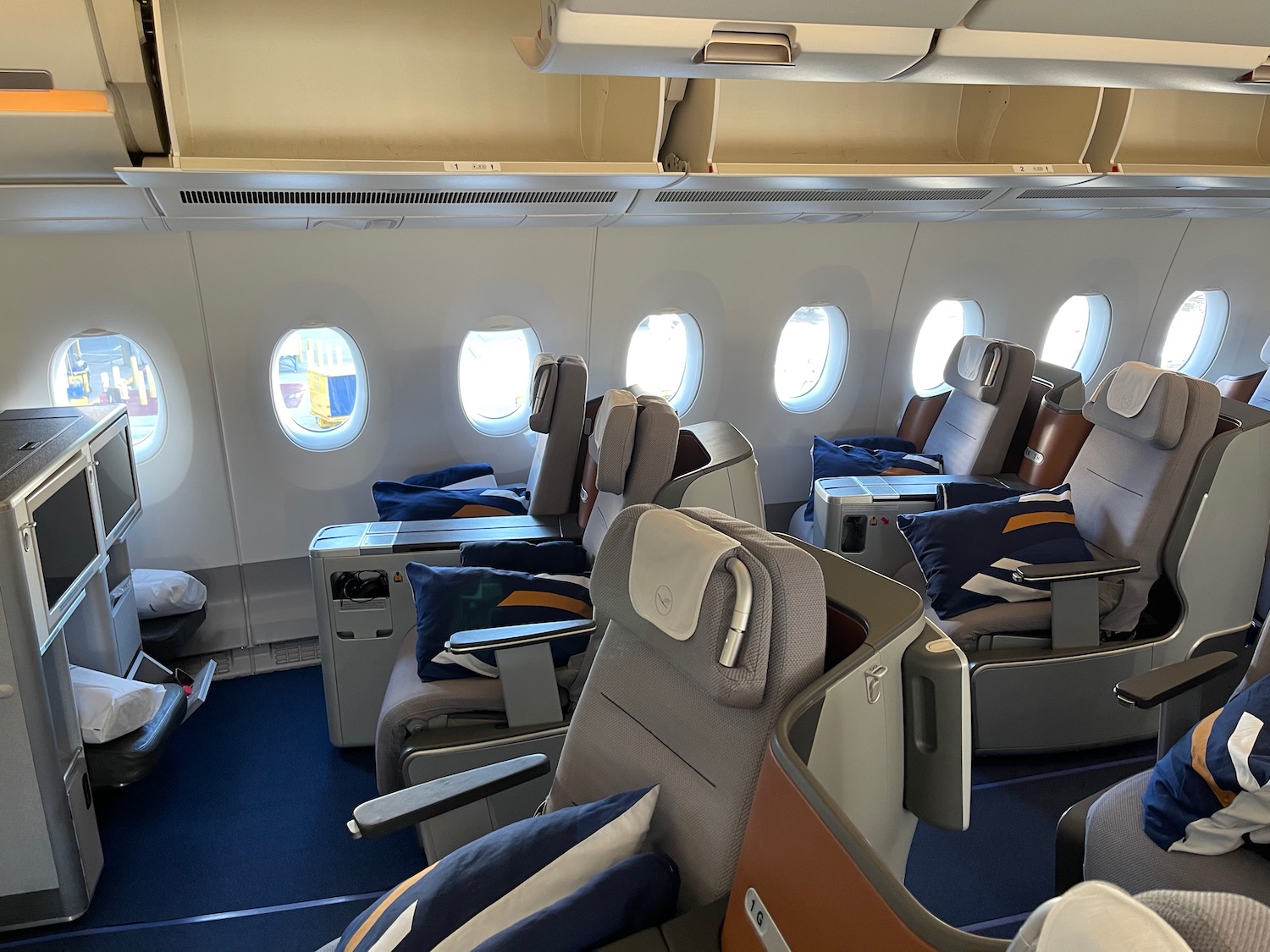 a plane with many seats and windows