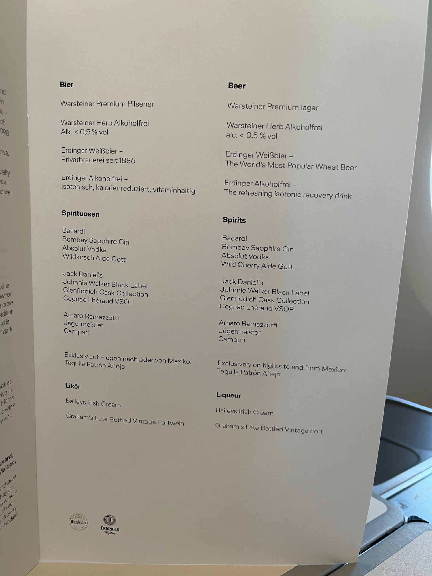 a menu with black text