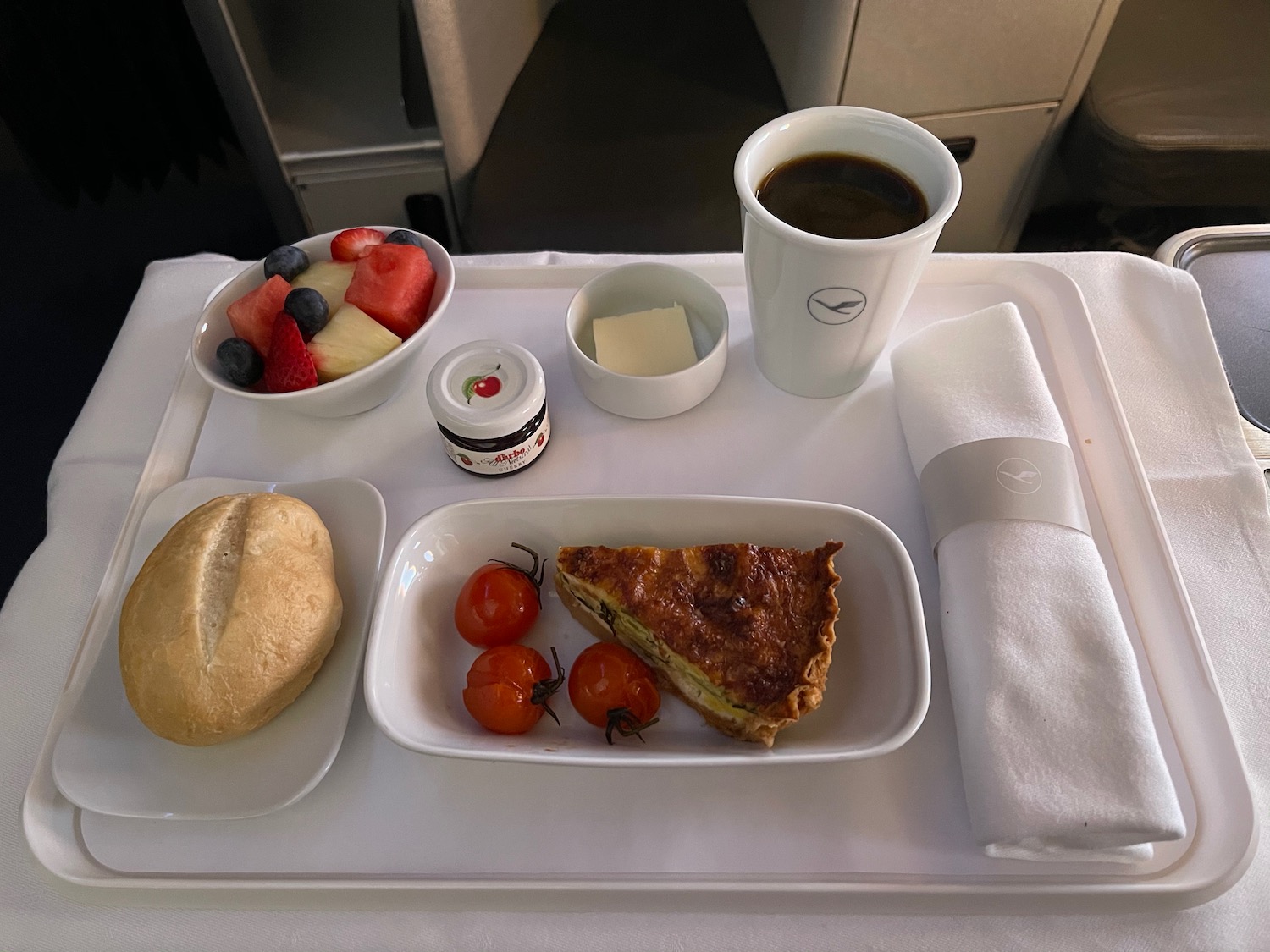 a tray with food and drinks on it