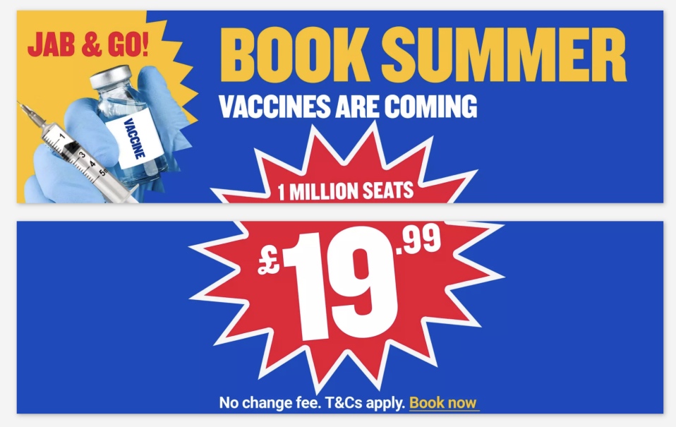 a blue and yellow banner with a vaccine bottle and a red star with white text