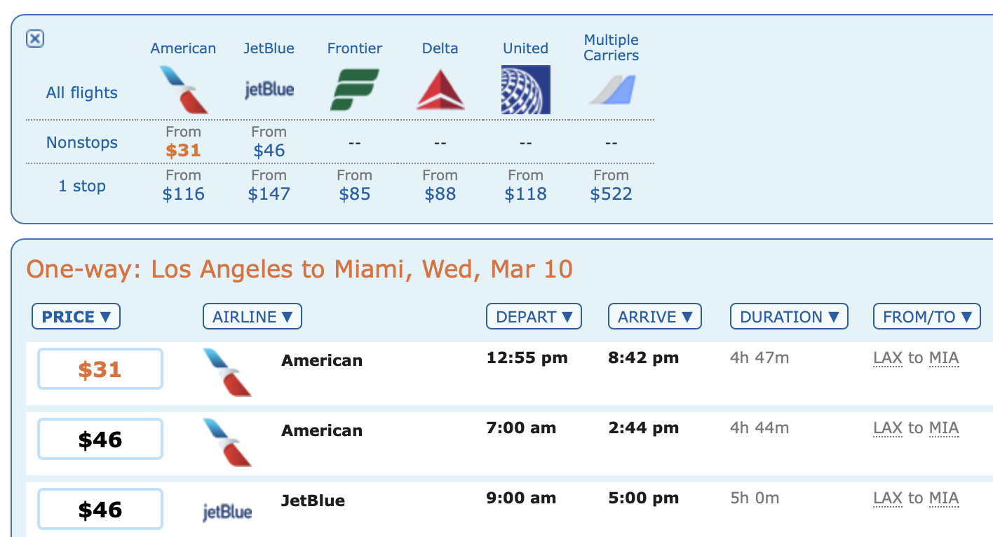 a screenshot of a flight schedule