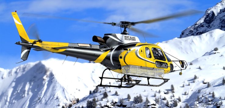 a yellow helicopter flying over snowy mountains