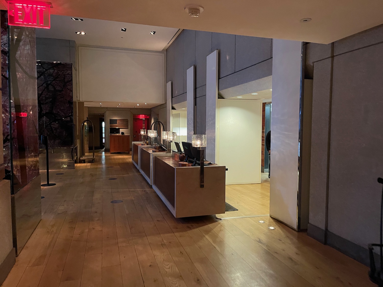 a long row of desks in a hotel